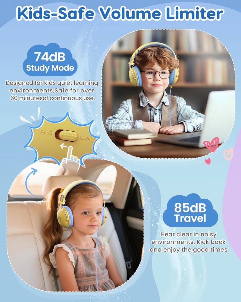 awatrue Kids Headphones for School, 74/85dB Safe Volume Limit, Stereo Sound, Wired On-Ear Headphones for Kids Boys Girls, 3.5mm Jack for Tablet, iPad, Kindle, YOTO Player, Airplane Travel, Yellow - Image 2